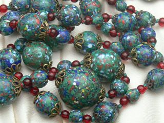 Vintage Antique Art Deco Long Venetian Millefiori/splatter Glass Bead Necklace