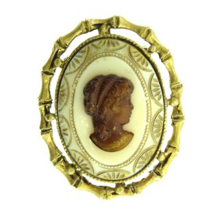 Vintage Lucite Cameo Pendant Brooch Pin Gold Tone Bamboo 2 " Oval