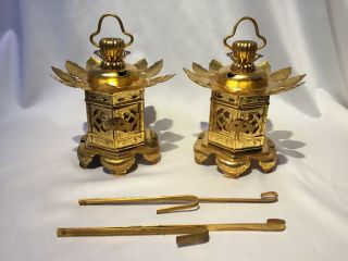 Japanese Antique Candle Holder Lantern Lamp Toro Buddhist Art Gold 2 Set Dd