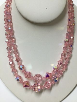 Vintage Pink Double Strand Crystal Bead Rhinestone Necklace Estate Jewelry