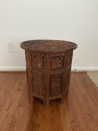 Vintage Indian Bohemian Carved Wood Folding Side Bed Accent Night Stand Table