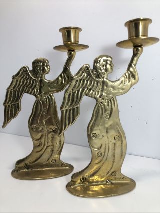 Vintage Solid Brass 8.  5” Angel Candle Holder Taper Or Votive Candleholders Set