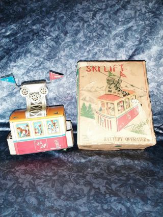 Vintage Alps Japan Ski Lift Toy Battery Operated Box Tin Litho 1940s