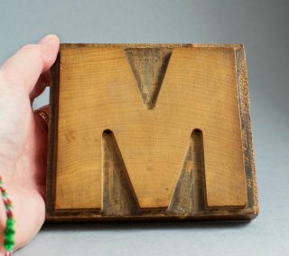 Large Vintage Wooden Hardwood Printing Block Letterpress Letter M
