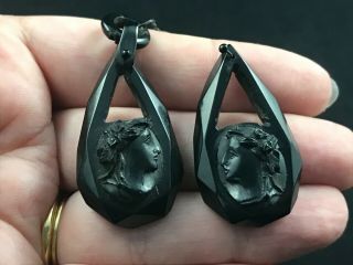 Antique Victorian Whitby Jet Carved Cameo Mourning Earrings For Repair