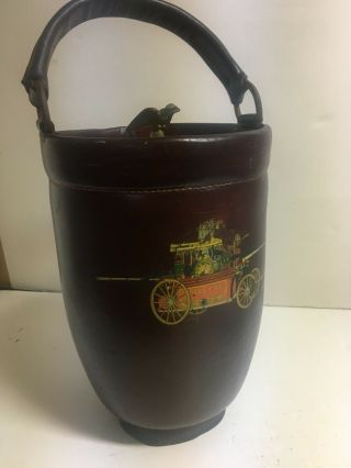 Antique Vintage Leather Ice Bucket Cooler - Eagle Finial,  Wood Lid