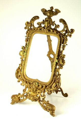 ^ Antique 19th C.  Mirror Or Picture Frame Ornate Brass Bronze Oval With Stand