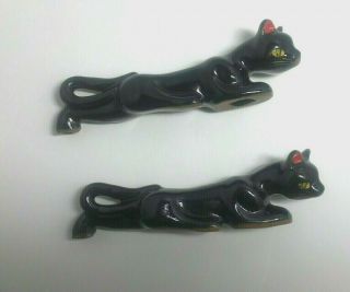 2 Vintage Ceramic Small Black Panthers Leopard Cat Figurines 5 7/8 " Long Nos