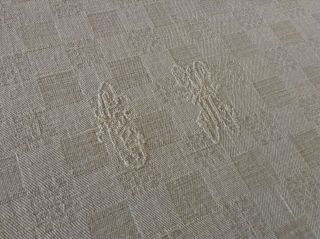 Antique/vintage French Damask Linen Tablecloth Cream Doulbe Monogram Ch 61x81 "