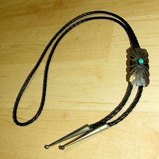 Vintage Turquoise Leather Sterling Silver Bolo Tie Artisian F.  Ramone Signed