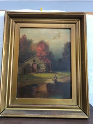 Antique American 19th Century Oil On Board Painting With Gold Frame