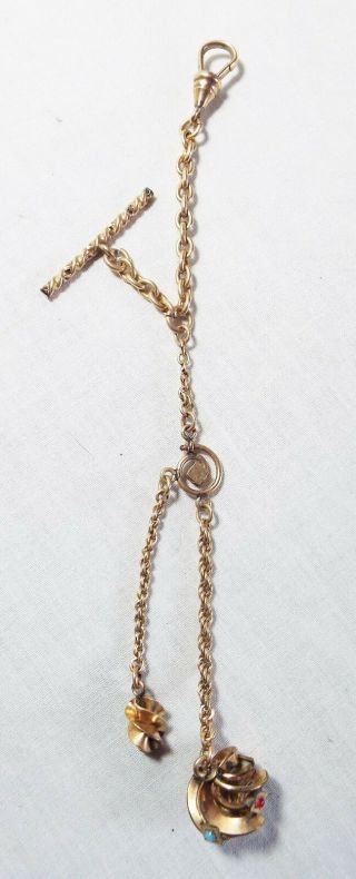 Old Antique Ornate Pocket Watch Chain W/ 2 Unusual Fobs 1 Jeweled Fob Signed