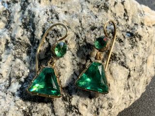 Antique Early 1900’s Gold Filled Pierced Earrings With Dark Green Rhinestones
