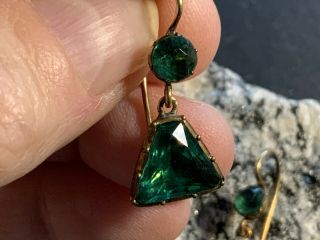 Antique Early 1900’s Gold Filled Pierced Earrings With Dark Green Rhinestones 2