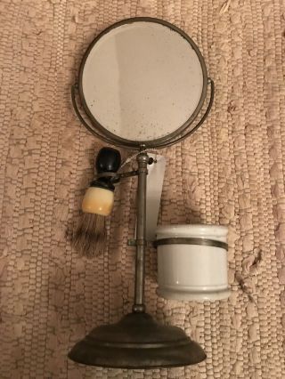 Antique Shaving Set With Mirror In Stand Marked Apollo,  Mug,  Brush,  14 1/2”