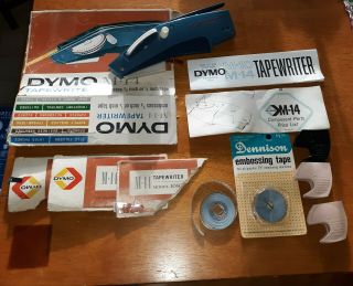 Vintage Dymo M - 14 Tapewriter Blue Metal Label Maker Tape Instructions Cartridges