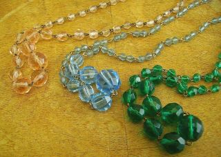 Vtg 1920s/30s Art Deco Czech Glass Jewellery Necklaces X3 Joblot Green,  Pink,  Blue