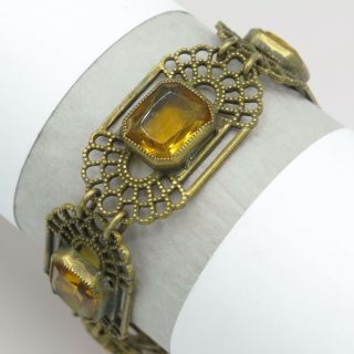 Vintage 1930’s Art Deco Czech Amber Citrine Glass Filigree Bracelet