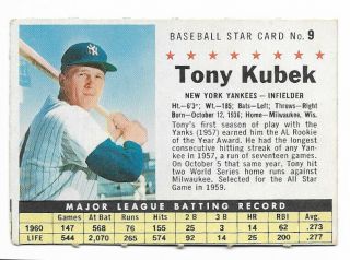 Vintage 1961 Post Cereal Baseball Card York Yankees 9 Tony Kubek