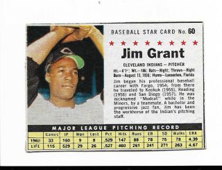 Vintage 1961 Post Cereal Baseball Card Jim Mudcat Grant 60 Cleveland Indians