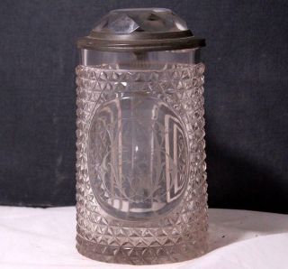 Antique German Glass Beer Stein Stone Cut And Engraved W/inlaid Prizm Lid C1870s