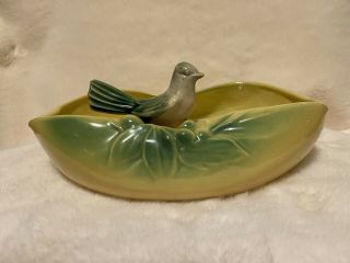 Vintage Yellow And Green Mccoy Bird Bath Planter Oval Bowl 10 1/4 Inches Long