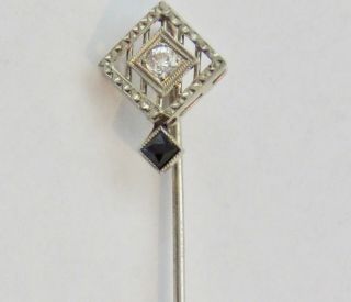 Antique 14k Art Deco 14k White Gold Diamond Sapphire Stick Pin