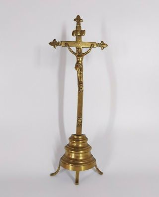 Antique French 18th C.  Brass Standing Crucifix Altar Jesus Cross