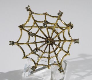 Jeanne © Signed Pin Brooch Vintage Gilt Metal Spider Web Crystal Rhinestone