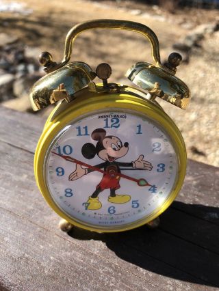 Vintage Walt Disney Productions Phinney - Walker Mickey Mouse Alarm Clock Yellow