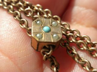 Antique Victorian 45 " Gold Filled Turquoise Pearl Slide Chain With Swivel