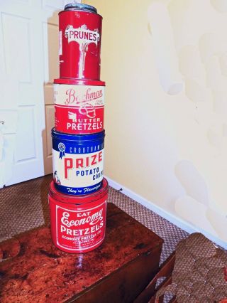 4 Antique Vintage Advertising Tins—coffee,  Potato Chips,  And Pretzels