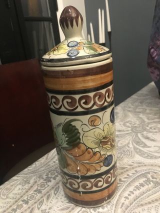 Vintage Mexican Folk Art Pottery - Talavera - Hand Painted Jar W/lid - Tonala