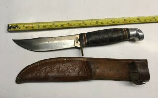 Vintage Western Boulder Colo.  Knife Usa With Leather Sheath Acorns Leaves L66