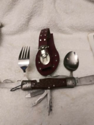 Vtg Japan Camping Knife Multi Tool Fork And Spoon With Leather Case