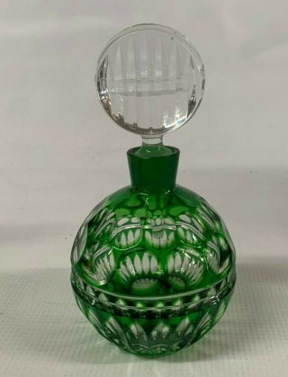 Vintage Antique Bohemian Green Cut Glass Perfume Bottle