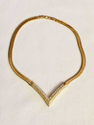 Vintage 1970s Christian Dior Channel Set Rhinestone Chevron V Gold Tone Necklace