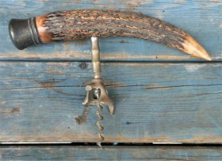 Great Antique Large Antler Cork Screw With Silver Cap 9 "
