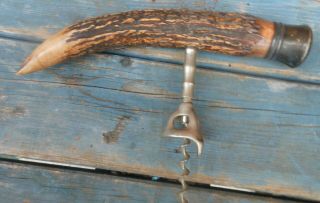 Great Antique Large Antler Cork Screw With Silver Cap 9 