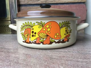 Vintage Merry Mushroom Enamel Pot With Lid 70s Enamelware No Chips