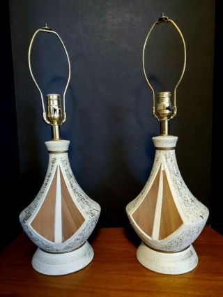 Pair (2) Vtg.  Mid Century Modern Ceramic & Wood Table Lamps 28 "