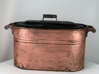 Antique Copper Boiler W/ Lid Wooden Handles - 12 X 22 X 13 Farm Style Primative