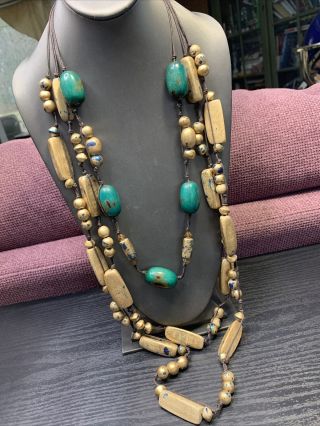 Vintage Bohemian Exotic Long Wood Beaded Multi Strand Necklace 40” Turquoise