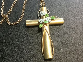 Antique Vintage Gold Filled Cross Necklace With Enamel Forget - Me - Not Flowers