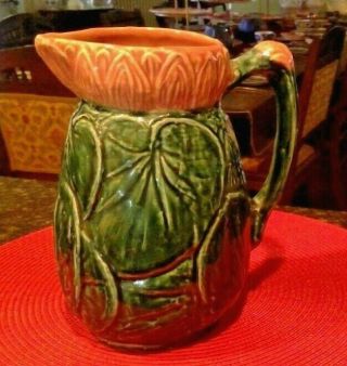 Antique English Majolica " Water Lily " Pink Green Pitcher By J.  Holdcroft