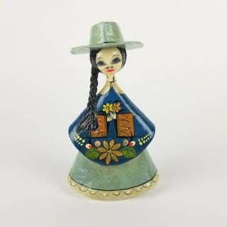 Vintage Paper Mache Doll Mexico Folk Art Sermel Girl Flowers Hat Cape