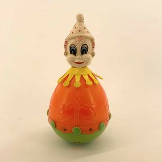 Vintage Mid Century Modern Roly Poly Clown Toy Orange Yellow Green 7.  75” Tall