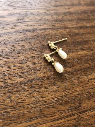 Vintage Antique Solid 10k Yellow Gold Round Pearl Dangle Drop Earrings