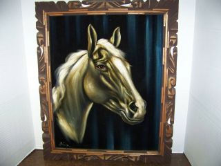Vintage Horse Black Velvet Painting Hand Carved Wood Frame 23 " X19 "