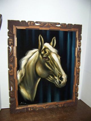 Vintage Horse Black Velvet Painting Hand Carved Wood Frame 23 